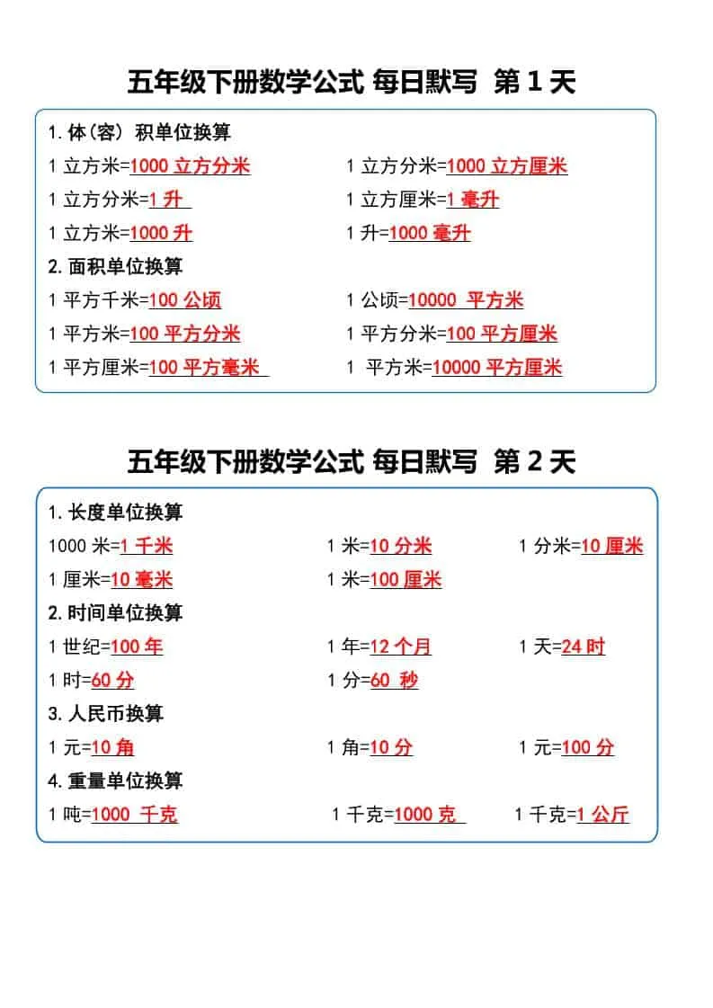 五年级下数学数学公式每日默写小纸条
