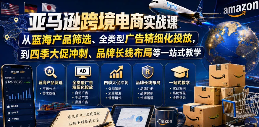 亚马逊跨境电商实战课，从蓝海产品筛选、全类型广告精细化投放，到四季大促冲刺、品牌长线布局等一站式教学(更新6月)_抖汇吧