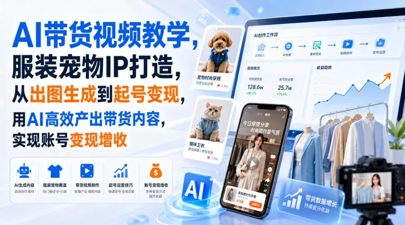 AI带货视频教学，服装宠物IP打造，从出图生成到起号变现，用AI高效产出带货内容，实现账号变现增收_抖汇吧
