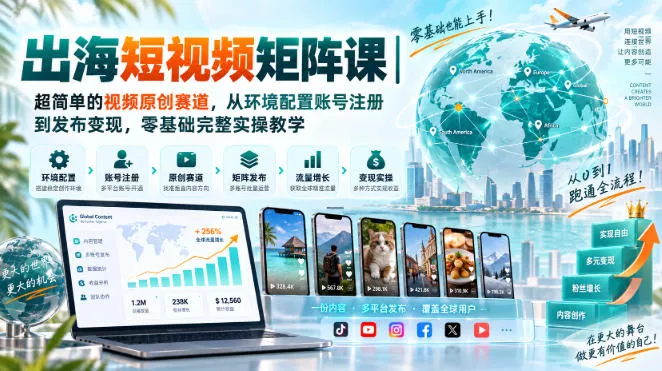 出海短视频矩阵课｜超简单的视频原创赛道，从环境配置账号注册到发布变现，零基础完整实操教学_抖汇吧