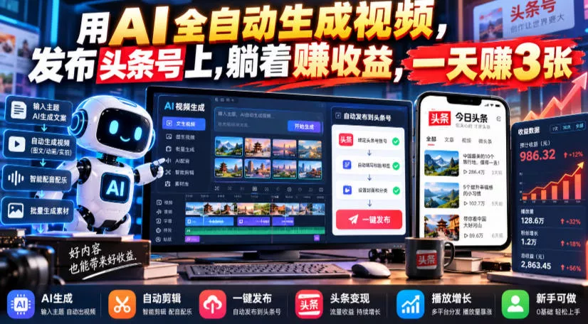 用AI全自动生成视频，发布头条号上，躺着賺收益，一天賺3张_抖汇吧
