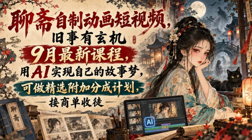 聊斋自制动画短视频，旧事有玄机9月最新课程，用AI实现自己的故事梦，可做精选附加分成计划，接商单收徒_抖汇吧