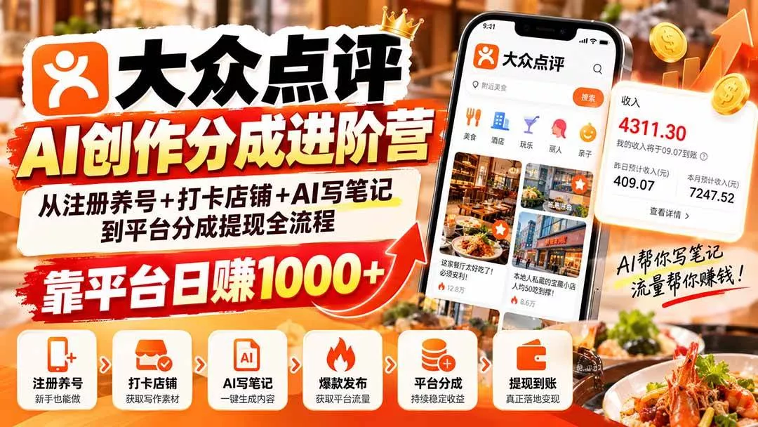 （20759期）大众点评AI创作分成进阶营：从注册养号+打卡店铺+AI写笔记到平台分成提现全流程，靠平台日赚1000+_抖汇吧