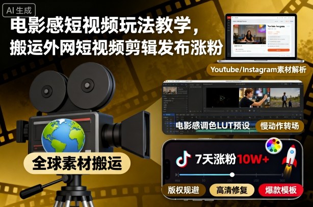 电影感短视频玩法教学,搬运外网短视频剪辑发布涨粉_抖汇吧