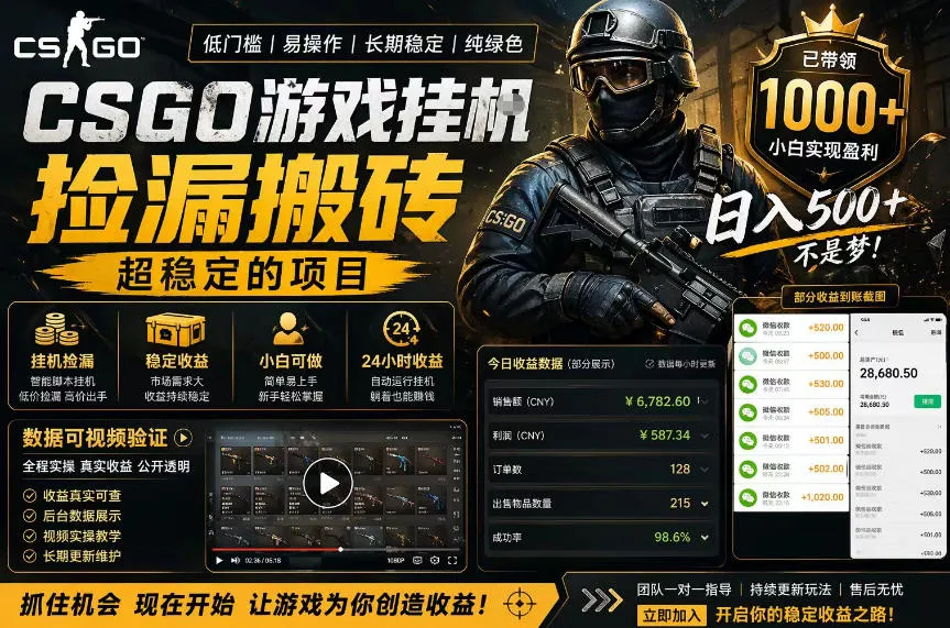 CSGO游戏搬砖，全自动挂G，不需要玩游戏，手机操作日入300+，解放双手【揭秘】_抖汇吧
