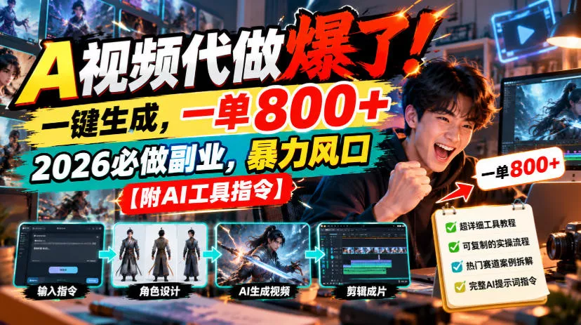 A视频代做爆了！一键生成，一单800+，2026必做副业，暴力风口【附AI工具指令】_抖汇吧