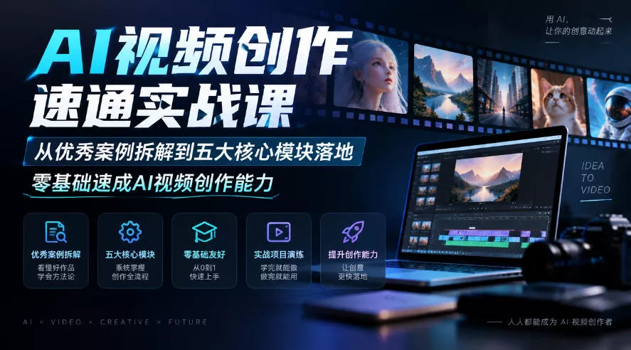 AI视频创作速通实战课|从优秀案例拆解到五大核心模块落地,零基础速成AI视频创作能力_抖汇吧