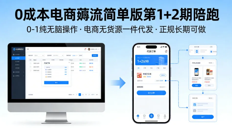 0成本电商薅流简单版第1+2期陪跑，0-1纯无脑操作，电商无货源一件代发，正规长期可做_抖汇吧
