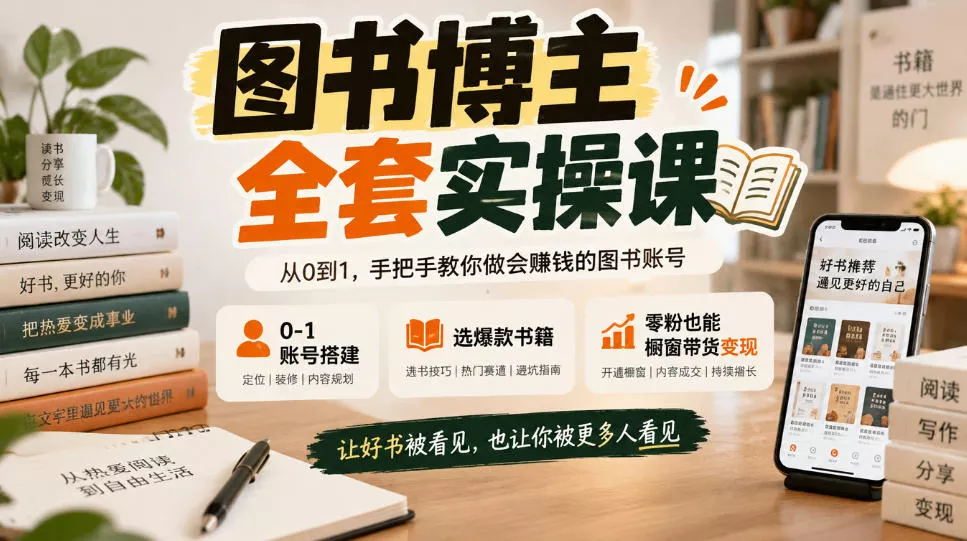 图书博主全套实操课，0‑1账号搭建，选爆款书籍，零粉也能橱窗带货变现_抖汇吧