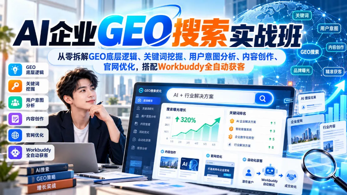 AI企业GEO搜索实战班,从零拆解GEO底层逻辑、关键词挖掘、用户意图分析、内容创作、官网优化,搭配Workbuddy全自动获客_抖汇吧