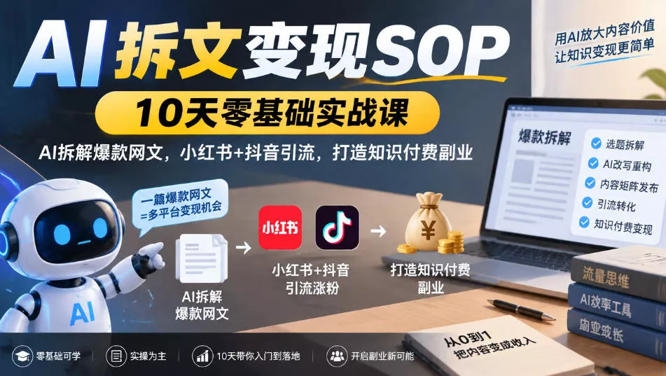 AI拆文变现SOP|10天零基础实战课,AI拆解爆款网文,小红书+抖音引流,打造知识付费副业_抖汇吧