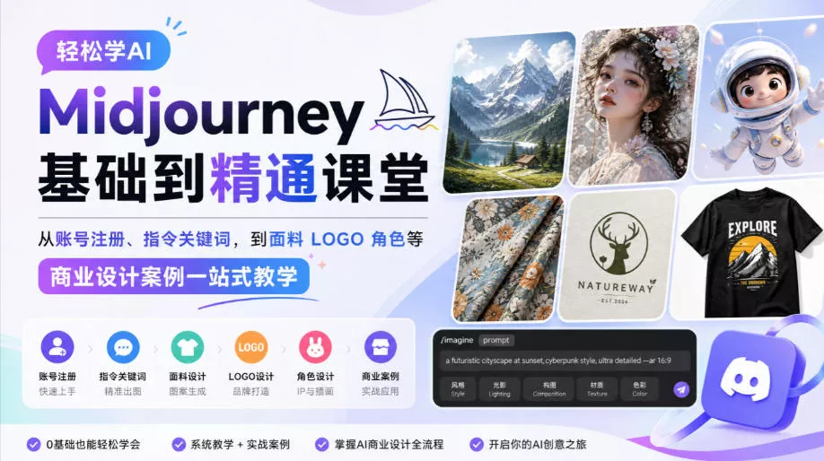 轻松学AI Midjourney基础到精通课堂，从账号注册、指令关键词，到面料LOGO角色等商业设计案例一站式教学_抖汇吧
