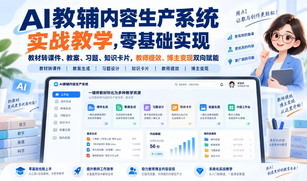 【无水印】AI教辅内容生产系统实战教学，零基础实现教材转课件、教案、习题、知识卡片，教师提效、博主变现双向赋能（更新0926）_抖汇吧