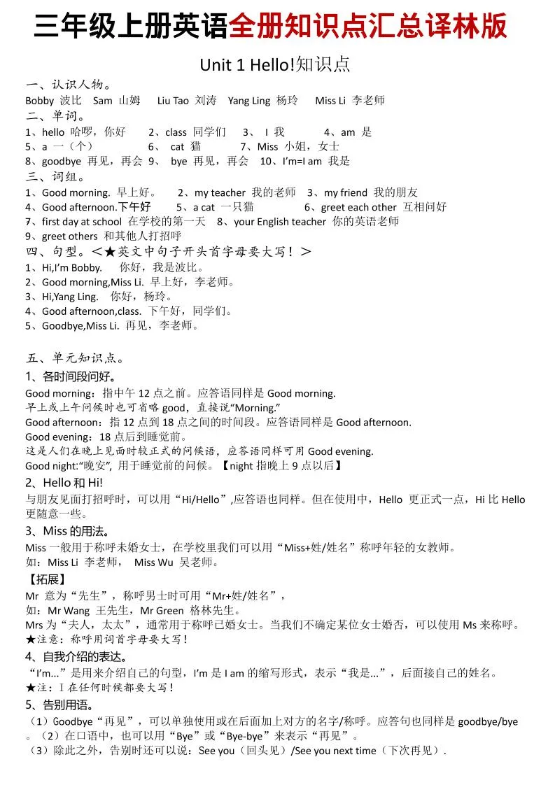 三年级上英语知识点汇总《译林版》