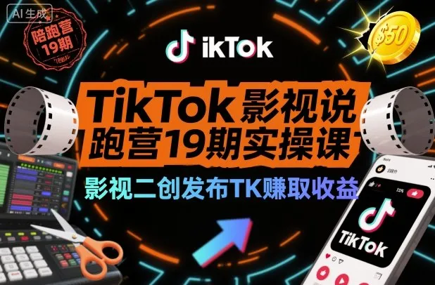 TikTok影视解说陪跑营19期实操课，影视二创发布TK賺取收益，万播收益50美金_抖汇吧