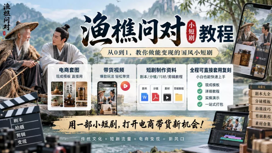 渔樵问对小短剧教程，包含电商套图、带货视频，短剧制作资料，全程可直接套用复刻_抖汇吧