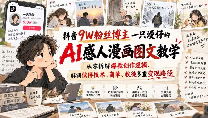 抖音9W粉丝博主一只漫仔的AI感人漫画图文教学,从零拆解爆款创作逻辑,解锁伙伴技术、商单、收徒多重变现路径_抖汇吧