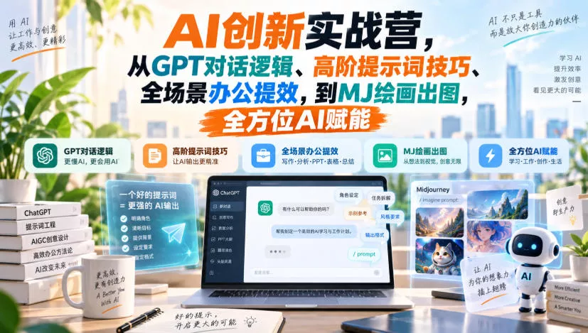 AI创新实战营，从GPT对话逻辑、高阶提示词技巧、全场景办公提效，到MJ绘画出图，全方位AI赋能_抖汇吧