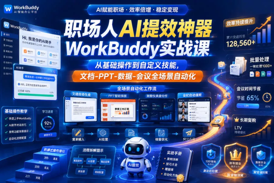 职场人AI提效神器WorkBuddy实战课，从基础操作到自定义技能，文档-PPT-数据-会议全场景自动化_抖汇吧