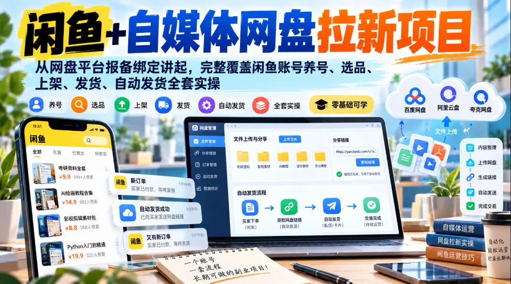 闲鱼+自媒体网盘拉新项目，从网盘平台报备绑定讲起，完整覆盖闲鱼账号养号、选品、上架、发货、自动发货全套实操_抖汇吧