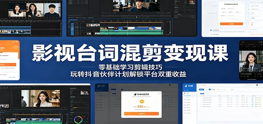 影视台词混剪变现课：零基础学习剪辑技巧，玩转抖音伙伴计划解锁平台双重收益_抖汇吧