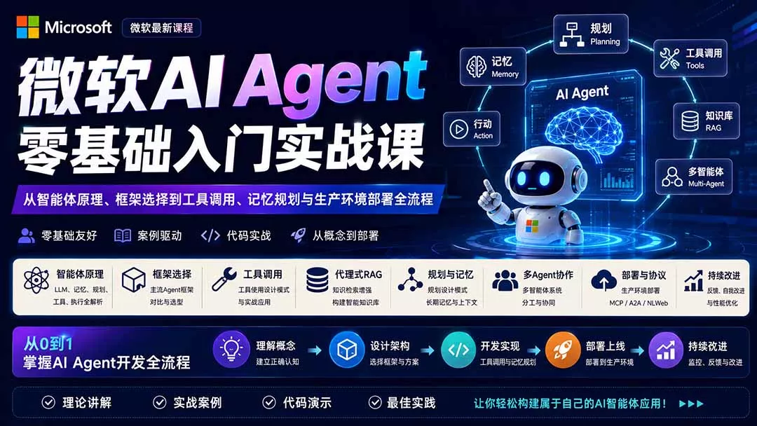 微软AI Agent零基础入门实战课:从智能体原理、框架选择到工具调用、记忆规划与生产环境部署全流程_抖汇吧