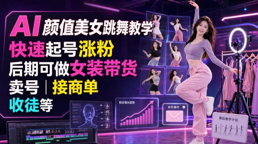 AI颜值美女跳舞教学,快速起号涨粉,后期可做女装带货,卖号,接商单,收徒等