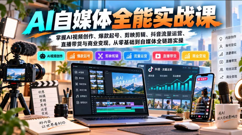 【无水印】AI自媒体全能实战课，掌握AI视频创作、爆款起号、剪映剪辑、抖音流量运营、直播带货与商业变现，从零基础到自媒体全链路实操_抖汇吧