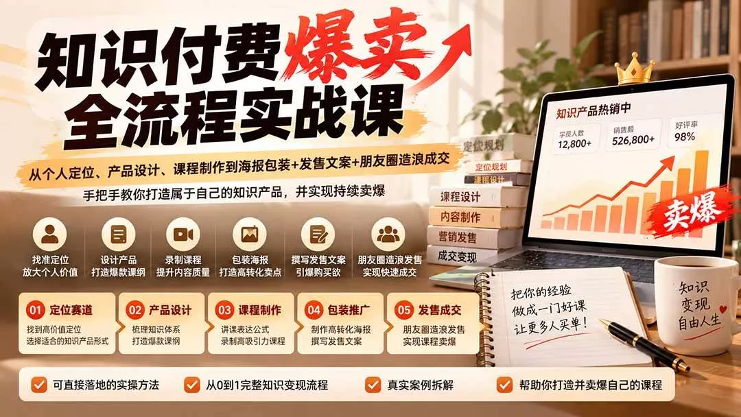 (20787期)【无水印】知识付费爆卖全流程实战课:从个人定位、产品设计、课程制作到海报包装+发售文案+朋友圈造浪成交 (20787期)【无水印】知识付费爆卖全流程实战课:从个人定位、产品设计、课程制作到海报包装+发售文案+朋友圈造浪成交