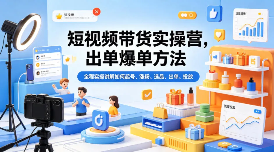 短视频带货实操营，出单爆单方法，全程实操讲解如何起号、涨粉、选品、出单、投放_抖汇吧