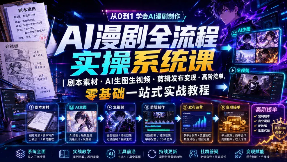AI漫剧全流程实操系统课|剧本素材・AI生图生视频・剪辑发布变现・高阶接单,零基础一站式实战教程(更新1027) AI漫剧全流程实操系统课|剧本素材・AI生图生视频・剪辑发布变现・高阶接单,零基础一站式实战教程(更新1027)