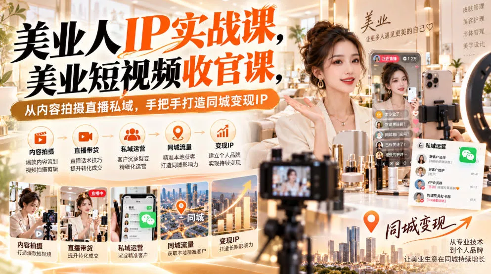 【无水印】美业人IP实战课，美业短视频收官课，从内容拍摄直播私域，手把手打造同城变现IP_抖汇吧
