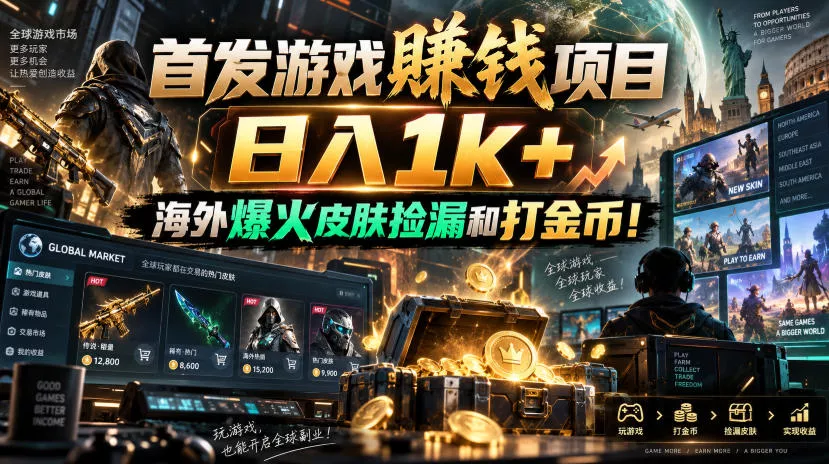 首发游戏賺钱项目，日入1k+，海外爆火皮肤捡漏和打金币！【揭秘】_抖汇吧