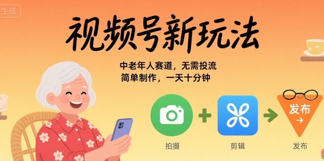 视频号新玩法，中老年人赛道，无需投流，简单制作，一天十分钟，月入1W_抖汇吧