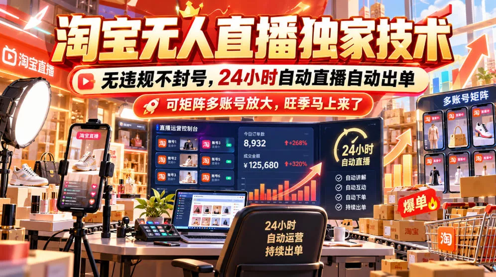 淘宝无人直播独家技术，无违规不封号，24小时自动直播自动出单，可矩阵多账号放大，旺季马上来了【揭秘】_抖汇吧