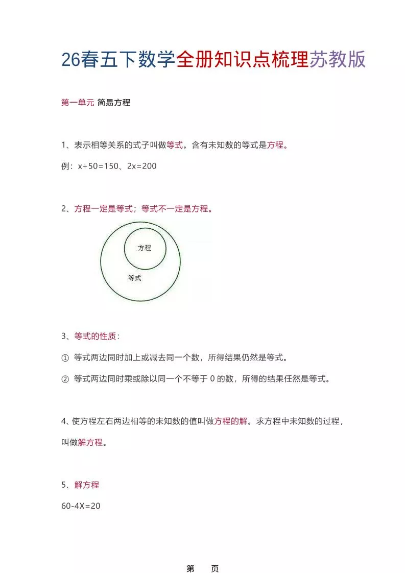 26春五年级下数学全册知识点梳理《苏教版》
