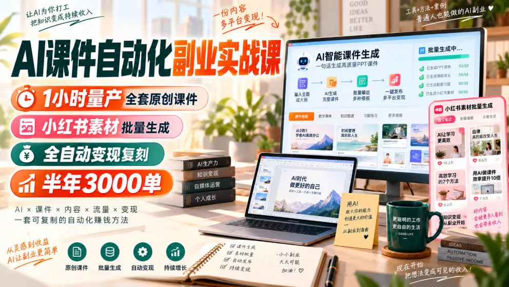 AI课件自动化副业实战课，1小时量产全套原创课件，小红书素材批量生成，全自动变现复刻，半年3000单_抖汇吧