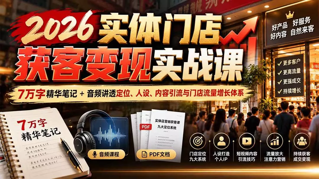 （20832期）2026实体门店获客变现实战课：7万字精华笔记+音频讲透定位、人设、内容引流与门店流量增长体系_抖汇吧