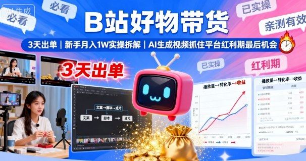 B站好物带货,3天出单,新手月入1W实操拆解,AI生成视频,抓住平台红利期最后机会_抖汇吧