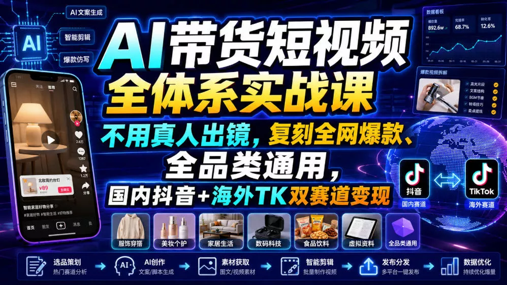 AI带货短视频全体系实战课，不用真人出镜，复刻全网爆款、全品类通用，国内抖音+海外TK双赛道变现_抖汇吧