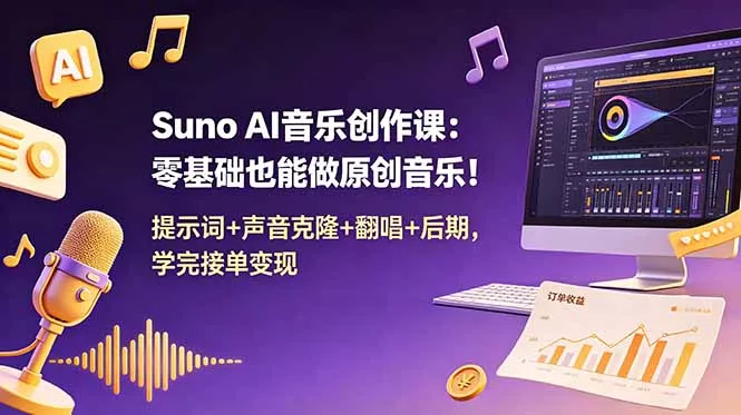 Suno AI音乐创作课：零基础也能做原创音乐！提示词+声音克隆+翻唱+后期，学完接单变现_抖汇吧