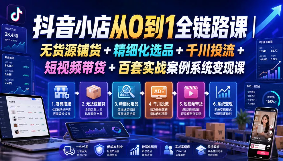 抖音小店从0到1全链路课｜无货源铺货+精细化选品+千川投流+短视频带货+百套实战案例系统变现课(2026年7月更新)_抖汇吧