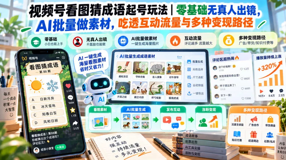 视频号看图猜成语起号玩法｜零基础无真人出镜，AI批量做素材，吃透互动流量与多种变现路径_抖汇吧