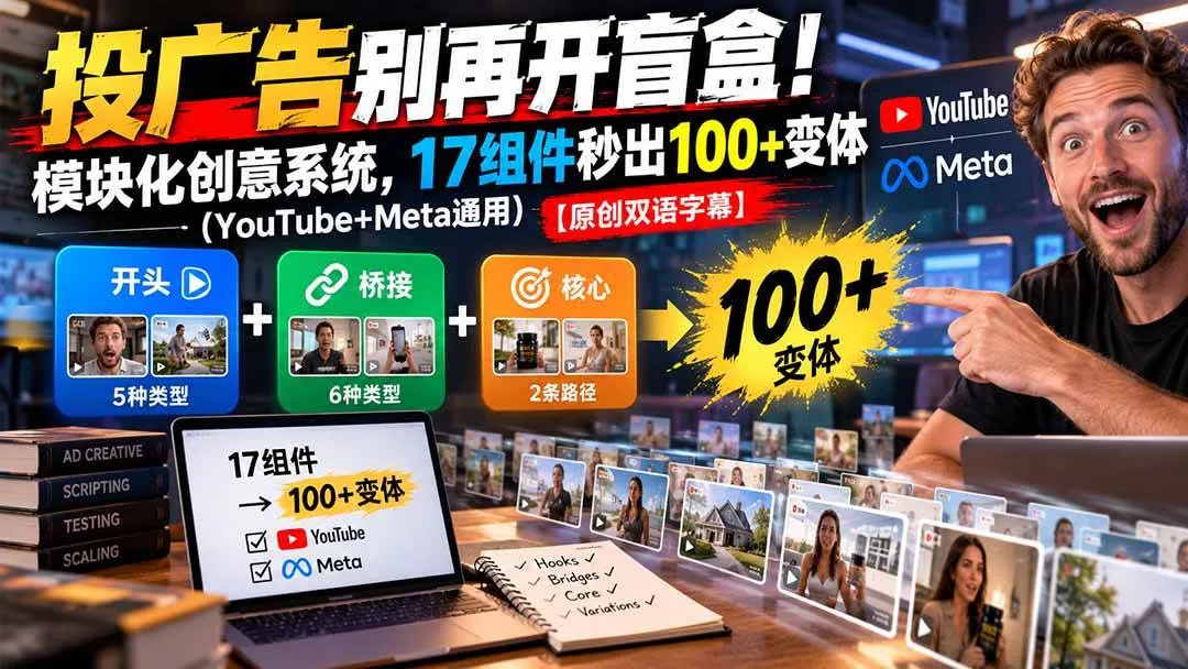 （20840期）投广告别再开盲盒！模块化创意系统，17组件秒出100+变体（YouTube+Meta通用）【原创双语字幕】_抖汇吧