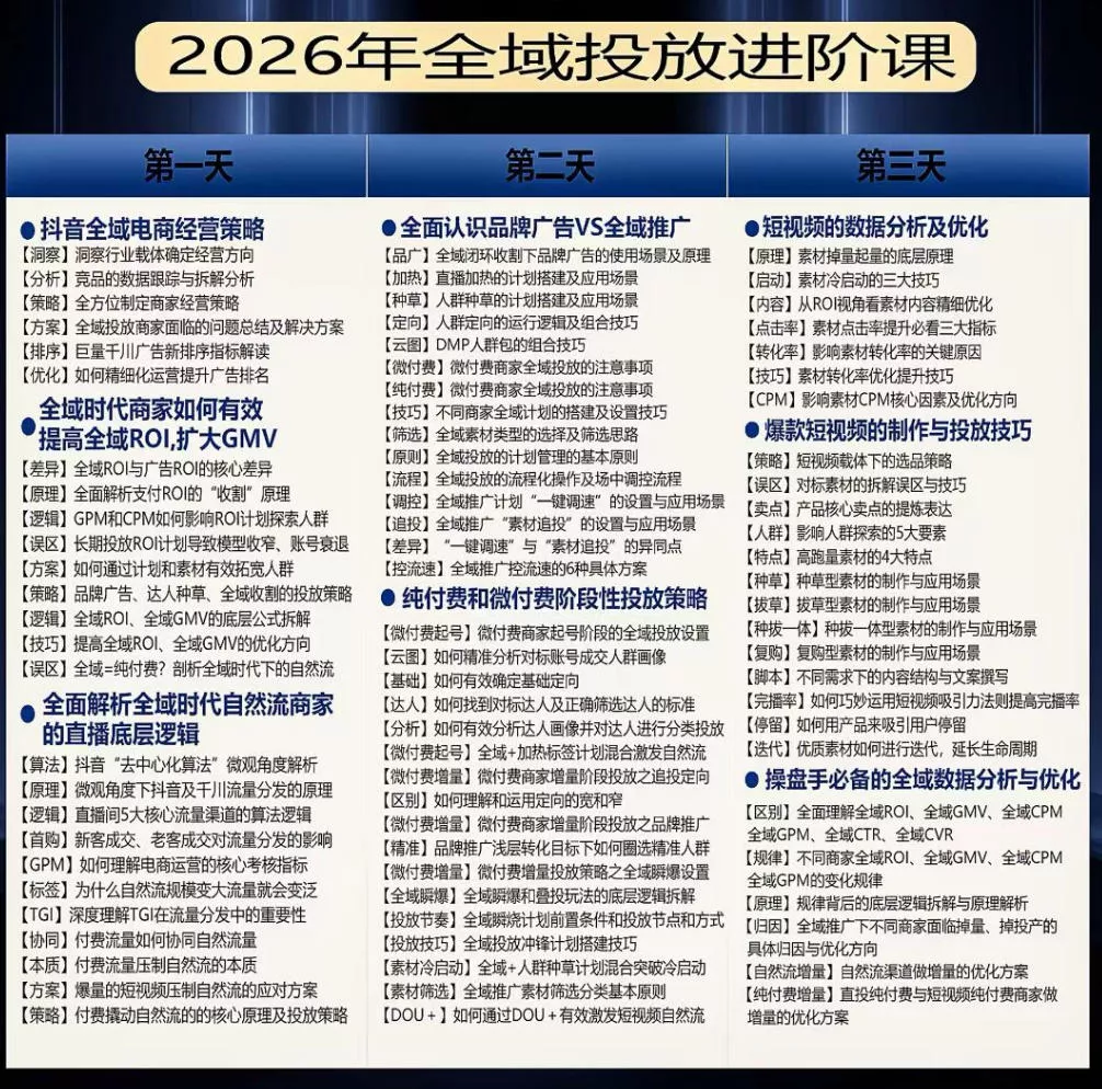 千川扫地僧2026抖音全域投放进阶课,少走弯路·快速起量·掌控增长,6月12-14号杭州线下课(更新)