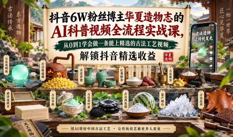 抖音6W粉丝博主华夏造物志的AI科普视频全流程实战课，从0到1学会做一条能上精选的古法工艺视频，解锁抖音精选收益_抖汇吧