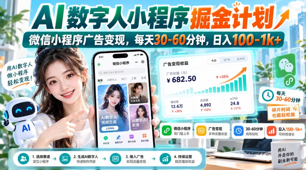【无水印】AI数字人小程序掘金计划，微信小程序广告变现，每天30‑60分钟，日入100‑1k+_抖汇吧