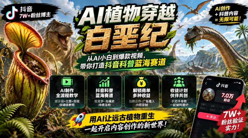 抖音7W粉丝博主的AI植物穿越白垩纪教学，抖音科普蓝海赛道，解锁商单收徒伙伴计划等多种收益_抖汇吧