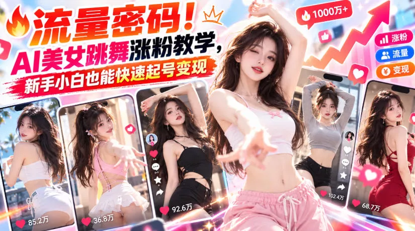 流量密码！AI美女跳舞涨粉教学，新手小白也能快速起号变现_抖汇吧