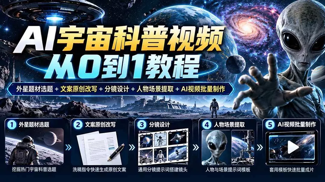 （20774期）AI宇宙科普视频从0到1教程｜外星题材选题+文案原创改写+分镜设计+人物场景提取+AI视频批量制作_抖汇吧